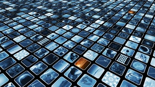 Animated video wall with many media icons blue and sepia loop-able, diagonally. 3D rendering. 4K